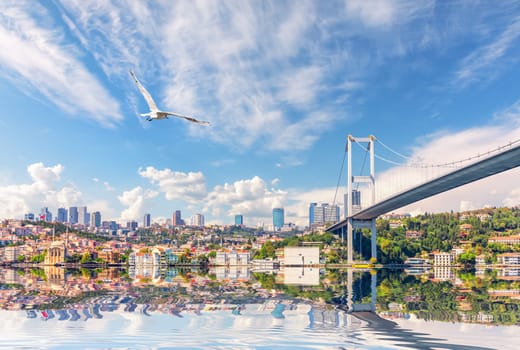The Bosphorus Bridge and the Ortakoy Mosque, beautiful sea view, Istanbul, Turkey.