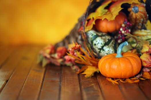 Pumpkins, gourds, and leaves in an Autumn cornucopia background