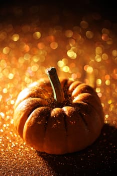 Single pumpkin on sparkly orange background