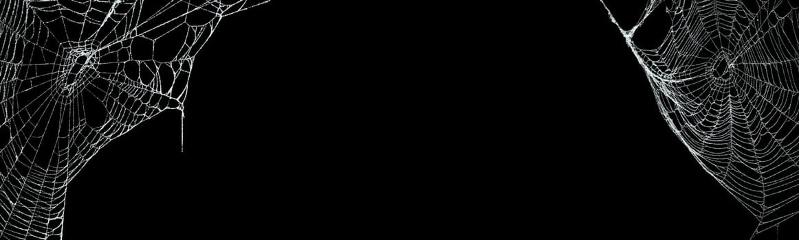 Real creepy spider webs on black banner