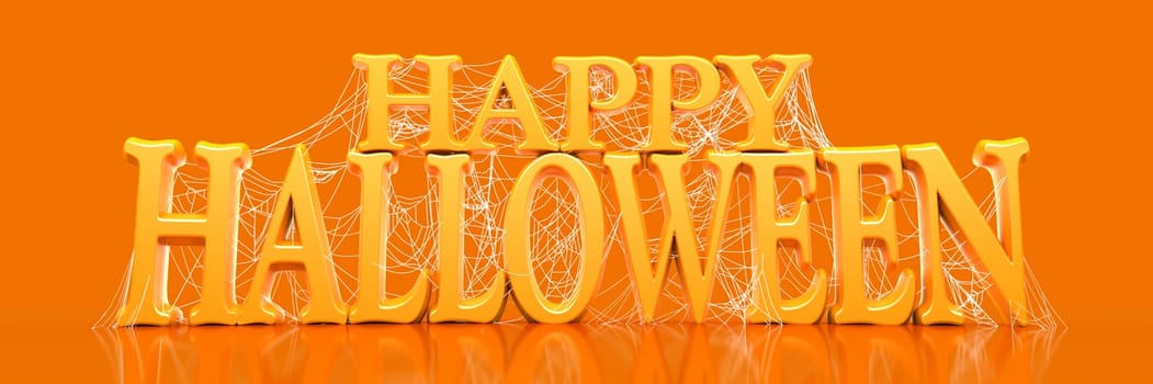 Orange Happy Halloween text covered in spooky spider webs banner - 3d render