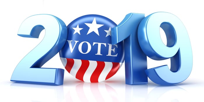 Vote 2019. Red, white, and blue voting pin in 2019 with Vote text. 3d render.