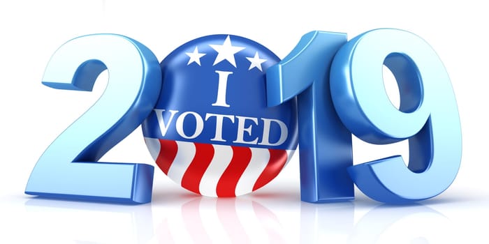 Vote 2019. Red, white, and blue voting pin in 2019 with I Voted text. 3d render.