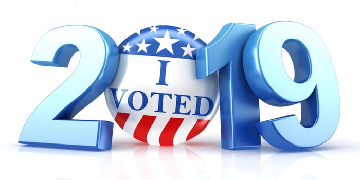 Vote 2019. Red, white, and blue voting pin in 2019 with I Voted text. 3d render.