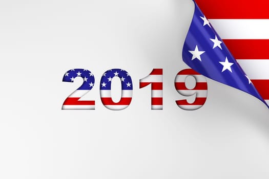 2019 in red, white, and blue American flag colors page turn background. 3d render.