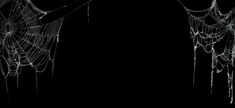 Real creepy spider webs on black banner