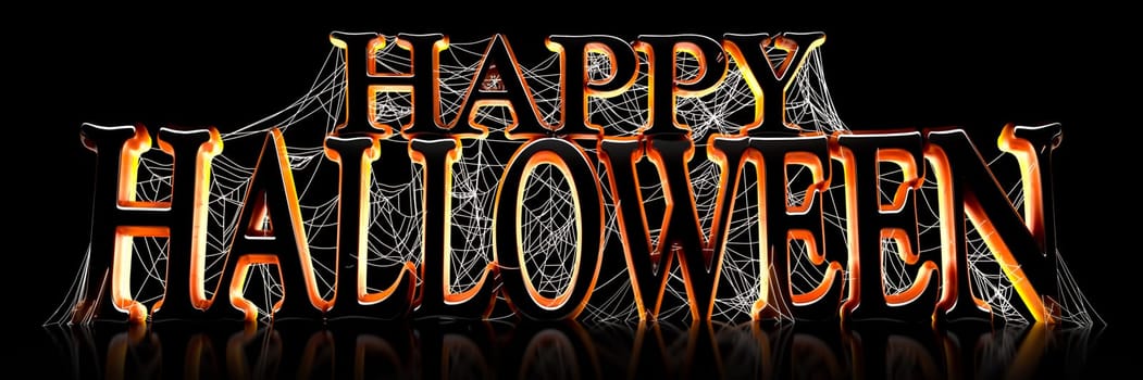 Backlit Happy Halloween text covered in spooky spider webs banner - 3d render