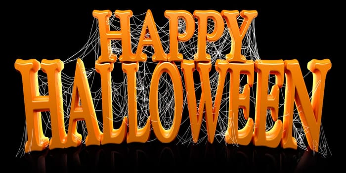 Orange Happy Halloween text covered in spooky spider webs banner - 3d render