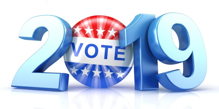 Vote 2019. Red, white, and blue voting pin in 2019 with Vote text. 3d render.