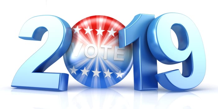 Vote 2019. Red, white, and blue voting pin in 2019 with Vote text. 3d render.