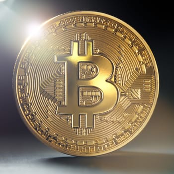 Close up of a single golden bitcoin coin in shining light.  Wealth, digital, virtual, currency, and cryptocurrency concept.