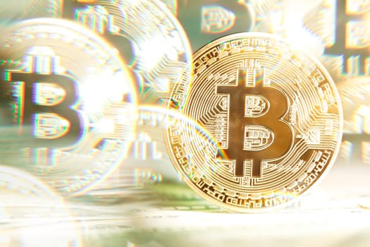 Shiny bright golden bitcoin, balanced on piles of money. Wealth, digital, virtual, currency, and cryptocurrency concept.