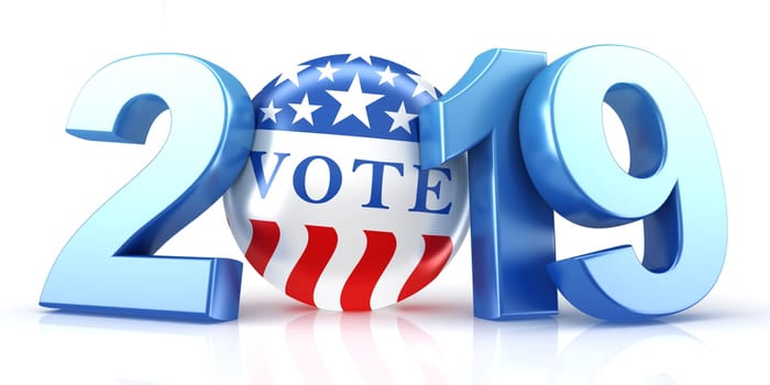 Vote 2019. Red, white, and blue voting pin in 2019 with Vote text. 3d render.