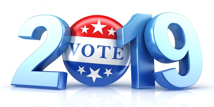 Vote 2019. Red, white, and blue voting pin in 2019 with Vote text. 3d render.