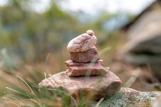 Signpost of sandstones placed on the forest floor with pine needles and moss against a blurred background