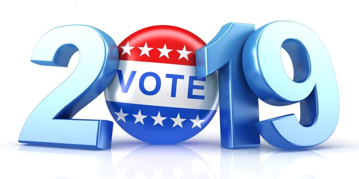Vote 2019. Red, white, and blue voting pin in 2019 with Vote text. 3d render.