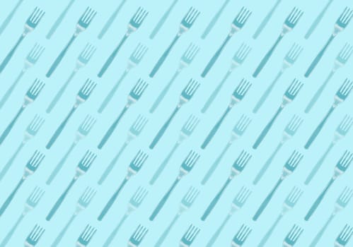 Many black plastic forks on blue background, top view. Disposable table wear concept. Creative top view pattern.