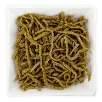Raw Spinach Noodles in a bowl isolated on white background