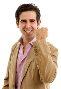 happy young man with open arms winning, isolated on white