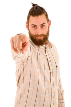 young casual man pointing, isolated on white