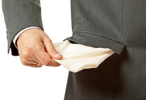 man holding his empty pocket, isolated on white