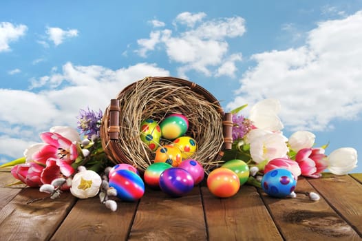 Easter nest with many colored chicken eggs,tulips,palm kittens and hyacinths on old wooden boards