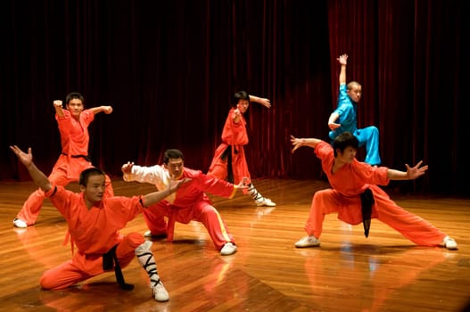 MACAU - APRIL 25: Performing Chinese kung fu (wu shu) with pose of fight, April 25, 2009, Macau, China