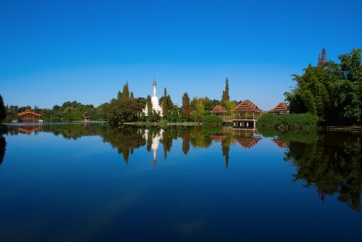 The reflection of forest, pagoda and house