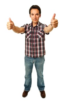 young casual man going thumbs up in a white background