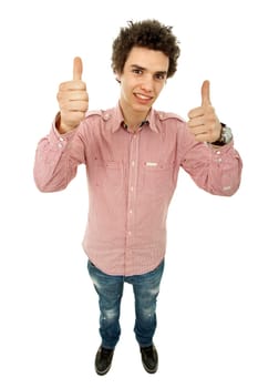 young casual man going thumbs up in a white background