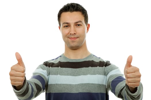 young casual man portrait in a white background going thumbs up