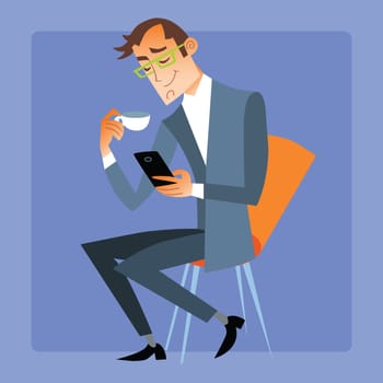 Modern technology and communication. Businessman at Seagull tea or coffee reads the message on your phone