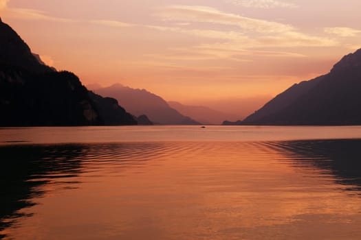 swiss lake at sunset in brienz, Switzerland