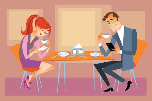 New technologies and family. Husband and wife are sitting at the dining table and not talk, but looking at their phones