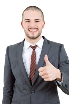 young business man going thumb up, isolated on white