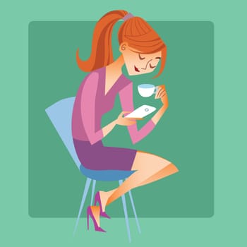 Social networking and modern technology. Young woman sitting with a Cup of coffee or tea and read the message on your phone