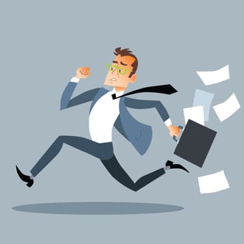 Businessman runs, losing the paper from the portfolio. Glyph of haste, race or meeting