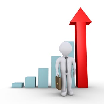 3d businessman is standing in front of graphic chart with arrow