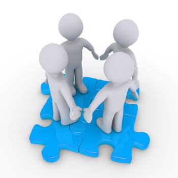 Four 3d people join on connected puzzle pieces