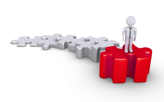 3d businessman is standing on top of the higher puzzle piece