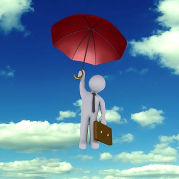 Businessman holding an umbrella is falling from the sky