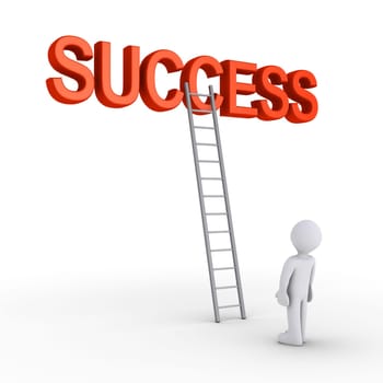 3d SUCCESS word with a ladder leaning to it and a person