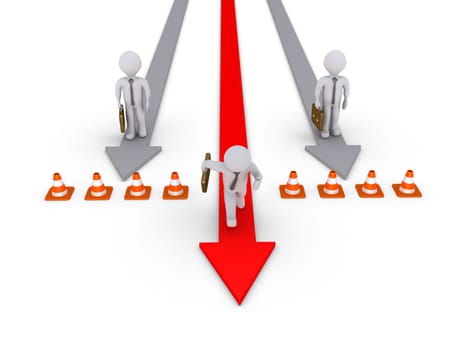 Three businessmen compete but only one chose the path without obstacles