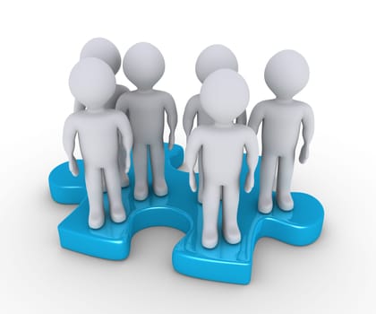 A group of people are standing on a puzzle piece