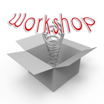 Three-dimensional cardboard box with pop-up caption 'Workshop'. Concept of optional training for skill learning and performance.