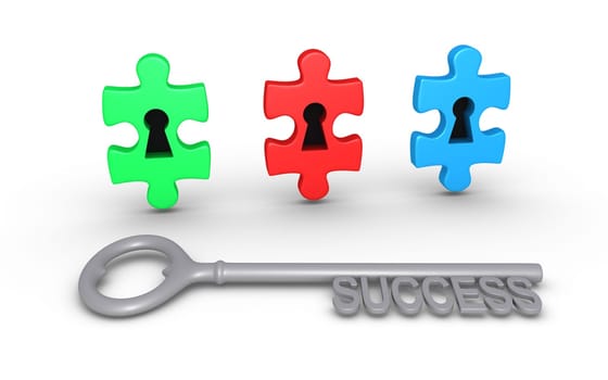 Three puzzle pieces of different color with keyholes and a key of success