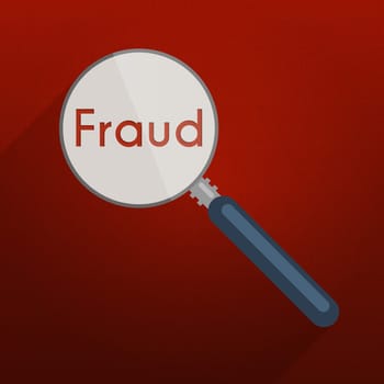 Concept of searching for evidence and clues for infringement, fraud or tax evasion. Flat design illustration with red background, magnifier and single word 'fraud'.
