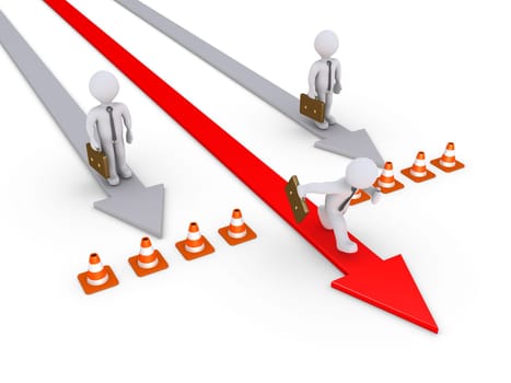 Three businessmen compete but two of them have obstacles on their path