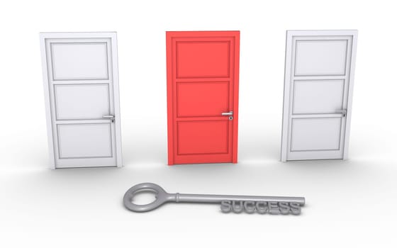 Three closed doors but one is of different color and a key of success