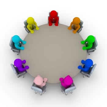 Different colored businessmen are sitting around a table